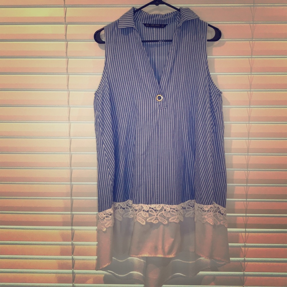 ZARA BLUE AND WHITE PINSTRIPE DRESS WITH LACE SZ S - Picture 2 of 6